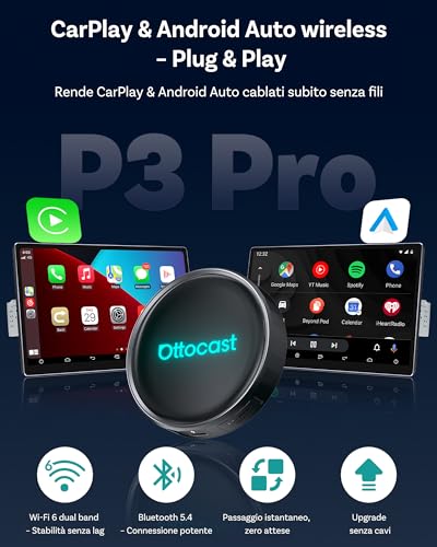 Ottocast P3 Pro Adattatore CarPlay e Android Auto Wireless | Android 13, Wireless CarPlay, Plug & Play, Compatibile Auto, Android Auto