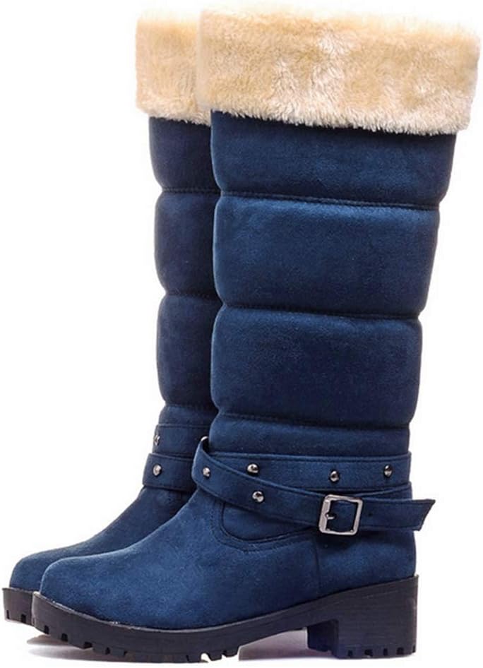 GIY Women's Mid-Calf Snow Boots Suede Leather Buckle Waterproof Fur Lined Low Heel Wedge Boots
