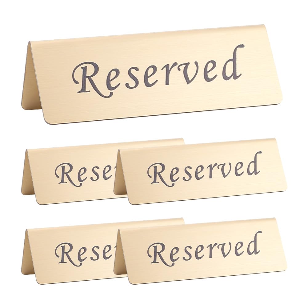 UNICRAFTALE 5Pcs Reserveds Table Signs Stainless Steel Reserved Sign for Restaurant Golden Metal Table Top Reserveds Sign Double Sided Reserved Tables Signs for Business Office Weddings Events