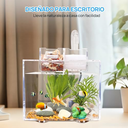 Mini Acuario de Escritorio para Peces Betta con Sistema de Filtración Automática de Ciclo Continuo y Bomba Sumergible, Acuario Micro Creativo Ideal para Hogar y Escritorio (S(21 * 20 * 16.5CM))