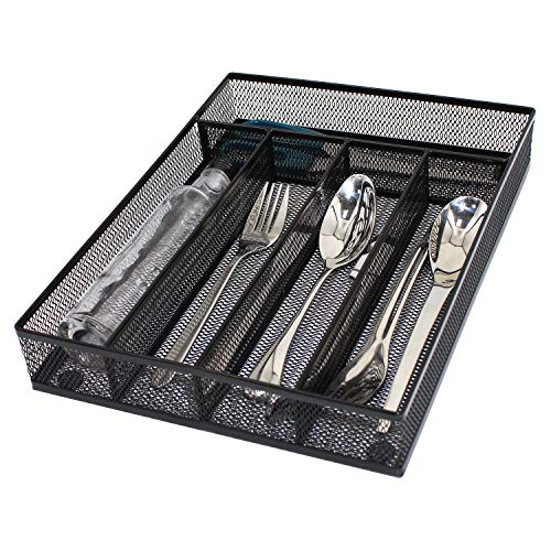 Ovicar Flatware Drawer Organizer, Metal Mesh Kitchen Cutlery Trays, Kitchen Utensil Silverware Storage with Foam Feet (5 Compartment, Black)