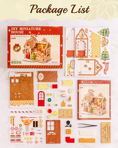ROBOTIME DIY Miniature House Kit, Tiny House Book Nook for Family and Friends, Mini Wooden Dollhouse Kit for Halloween/Christmas/Birthday Gifts（Gingerbread House）