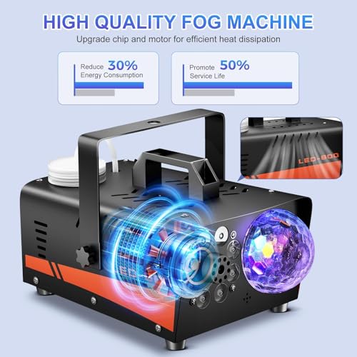 Dsocool Smoke Machine, Fog Machine with Disco Ball Lights, 600W and 3000CFM with 13 Colorful LED Lights Effect, Wireless Remote Control, Suitable for Indoor, Wedding, Parties, Halloween, and DJ Stage