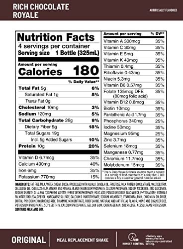 SLIMFAST MEAL REPLACEMENT SHAKE, ORIGINAL RICH CHOCOLATE ROYALE, 10G OF READY TO DRINK PROTEIN FOR WEIGHT LOSS, 11 FL. OZ BOTTLE, 4 COUNT (PACKAGING MAY VARY)