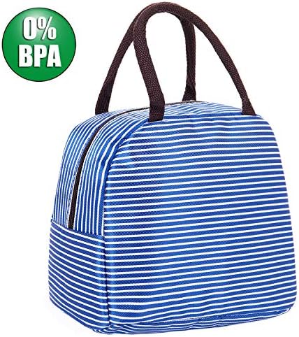 Mucjun Waterproof Lunch Bag Insulated Tote Bag for Women Travel Picnic Bag for Adults and Kids, Blue and White Strips Reusable Handbag