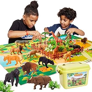 BUYGER Large Size Jungle Wild Animal Figures Toys Set, Realistic Zoo Safari Figure Animal Playset with Play Mat Assemble…