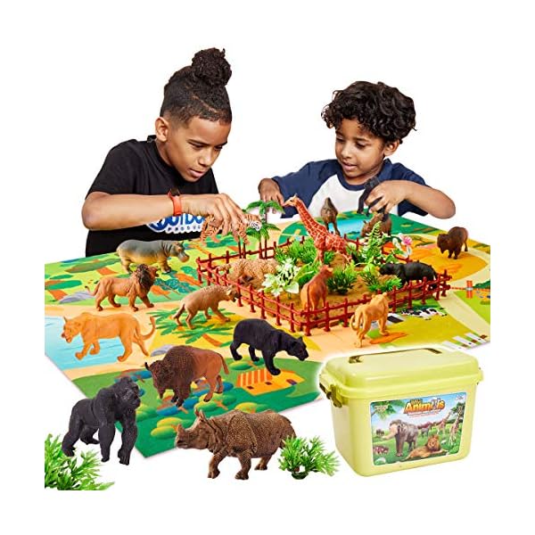Buyger-58-Pieces-Animals-Toys-for-Kids-Zoo-Animal-Figures-Realistic-Wildlife-Toy-Activity-Play-Mat-Carry-Case-Gift-for-3-year-old-Boy-Girl BUYGER Large Size Jungle Wild Animal Figures Toys Set, Realistic Zoo Safari Figure Animal Playset with Play Mat Assemble…