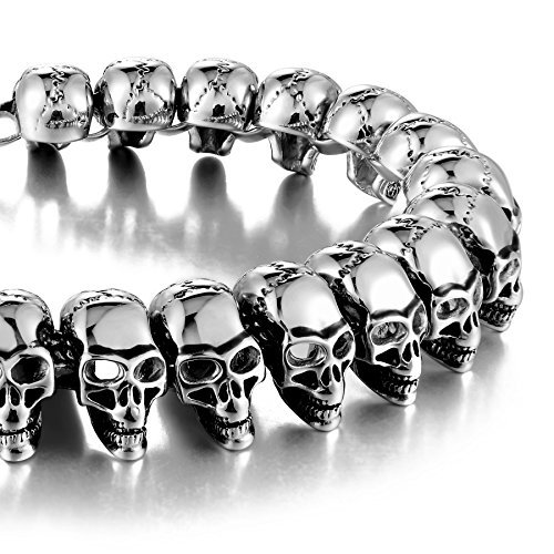 URBAN JEWELRY 316L Stainless Steel Skull Head Gothic Biker Bracelet for Men (Silver, 21.5 cm)
