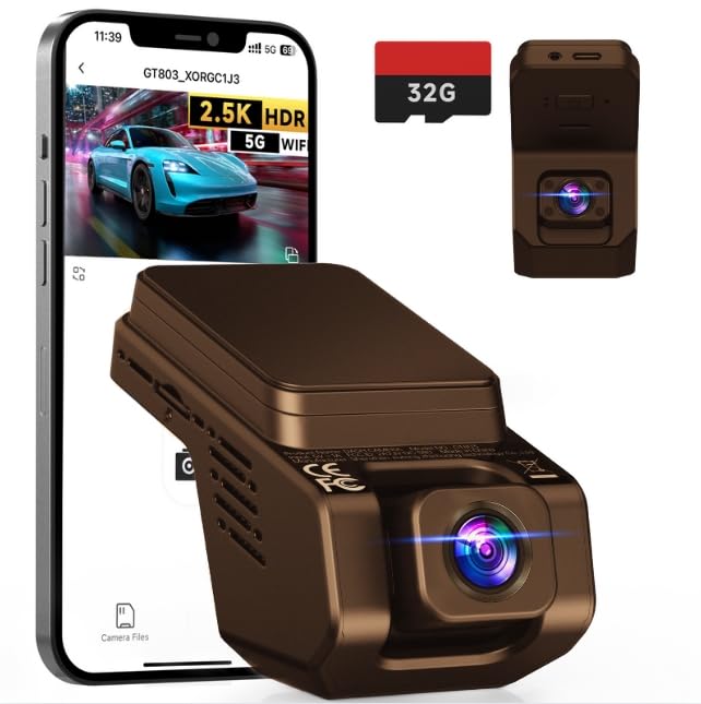 Dash Cam Front and Inside, 2.5K+1080P Dual Camera for Cars, Hidden Car Camera Front and Interior with Super Night Vision, 4 IR LEDs, G-Sensor, 24H Parking Mode, Loop Recording, 32GB Card, Brown