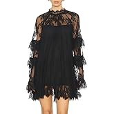 Women Lace See Through Mini Dress Boho Mesh Sheer Long Sleeve Crew Neck Dress Sexy Floral Embroidered Beach Cover Ups