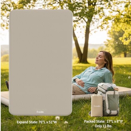 Freein Double Camping Sleeping Pad, 4" Thick Inflatable Mattress with Drop-Stitch Technology, Portable 2-Person Sleeping Mat (11 lbs) with Hand Pump for SUV, Tent, Truck, Backyard & Beach - 76" x 51"