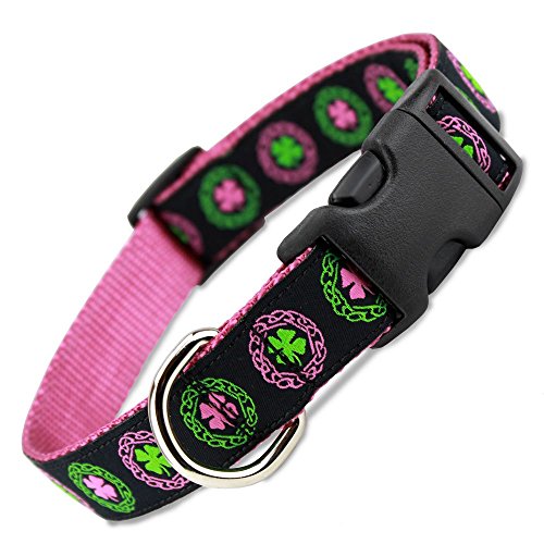The Artful Canine Irish Dog Collar with Celtic Knots on Pink Nylon, Medium Dogs 22-35lbs (Collar: 3/4
