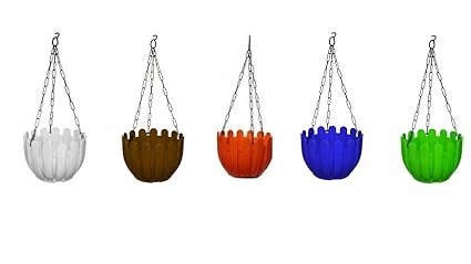 Naturally Green Plastic Round Fence Hanging Pots, Metal Hanging Chain Multicolor Pack of 5