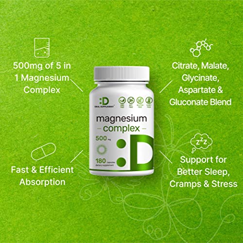 Magnesium Complex Supplement 500mg, 180 Capsules, 5 in 1 Formula