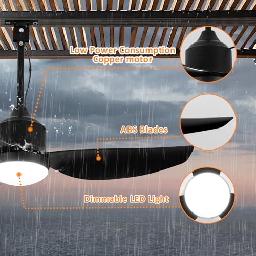 Depuley Outdoor Ceiling Fan with Light: 42 Inch Black Waterproof Gazebo Fans with Lights Outdoor Hanging - Plug in Remote App Control for Patios Indoor Farmhouse Porch - 6 Speed Reversible DC Motor