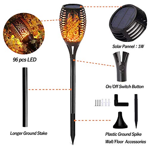 KUON Solar Torch Lights Waterproof Flickering Flame Torches Landscape 96 LED Dancing Flames Outdoor Decoration Lighting Security Path Light for Garden Patio Yard Driveway, (4 Pack)