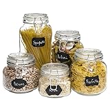 Best Choice Products Set of 5 Glass Storage Mason Jars w/Clip-Top Lid, 10 Reusable Stickers, Anti-Dust Chalk - Clear