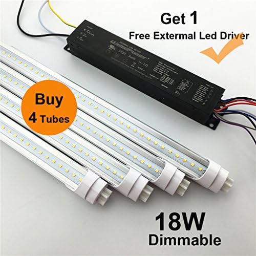 [4 Pack] Dimmable T8 4ft LED Light Tube, 18W (40W equivalent), Clear Cover, G13 Lighting Fixtures,ETL-Listed &amp; DLC-Qualified [Buy 4 tubes get 1 External Led driver free ] (5000K Crystal White Glow)