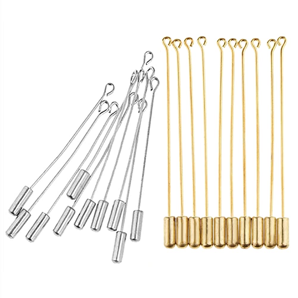 20 Pcs Brooch Pin Handmade Jewelry Findings Long Needle Eye Pin for Lapel Scarf Hat Safety Pins with Stopper Ends (Silver+Gold)