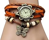 PPPerson Fashion Butterfly Pendant Quartz Retro Weave Wrap Around Leather Bracelet Lady Woman Wrist Watch
