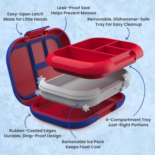 Bentgo Chill Kids Leak-Proof Lunch Box - 4-Compartment Bento Box with Built-In Ice Pack, 3.3 Cup Capacity, PFAS & BPA-Free, Microwave & Dishwasher Safe, Ideal Size for Ages 3 to 7 (Red/Royal)