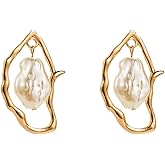Baroque Pearl Dangle Earrings for Women,Trendy Gold Irregular Drop Stud Earrings,Retro Exaggerated Silver Hypoallergenic Earring