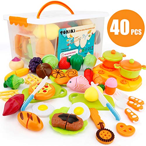 SONi 40 PCS Kitchen Toys Cutting Toys Pretend Vegetables Fruits Play Food Educational Toys for Girls Boys Kids with Storage Case