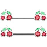 Pierced Owl 14GA Stainless Steel CZ Crystal Red Cherry Ends Nipple Barbells, Sold as a Pair