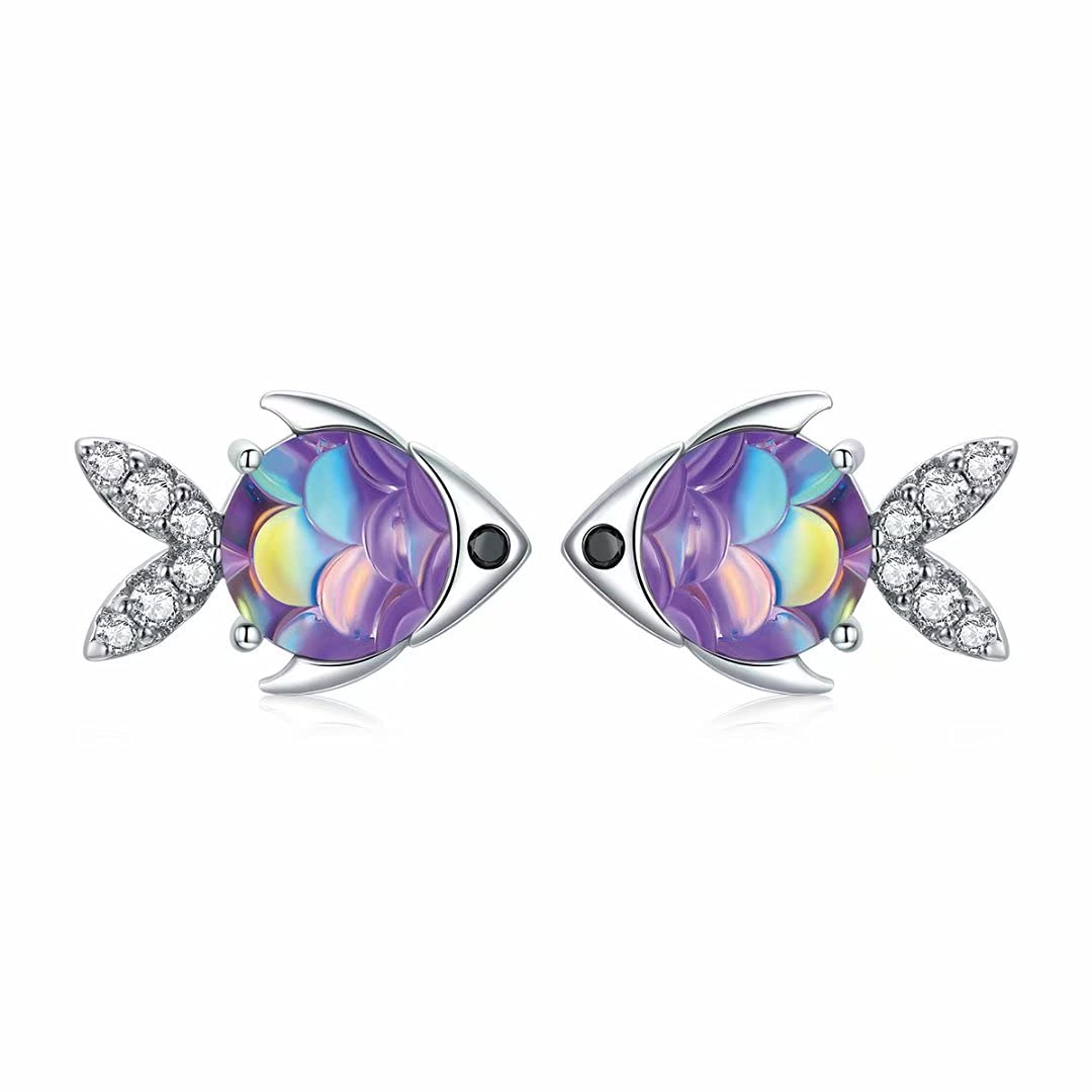 Qings Cute Fish Earrings - Sterling Silver 925 Ocean Animal Purple Cubic Zirconia Dainty Studs Happy Fish Gifts for Teen Girls Women Birthday