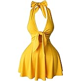 RoseSeek Women's Summer Backless Halter Dresses Knot Front Sleeveless A Line Mini Dress