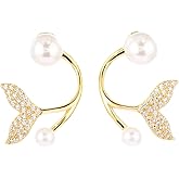 Mermaid Tail Pearl Ear Cuff Earrings 925 Sterling Silver Vintage Ocean Fish Tail Chic Crystal Cubic Zirconia Gold Wrap Climber Earrings for Women Birthday Holiday Party Jewelry Gifts