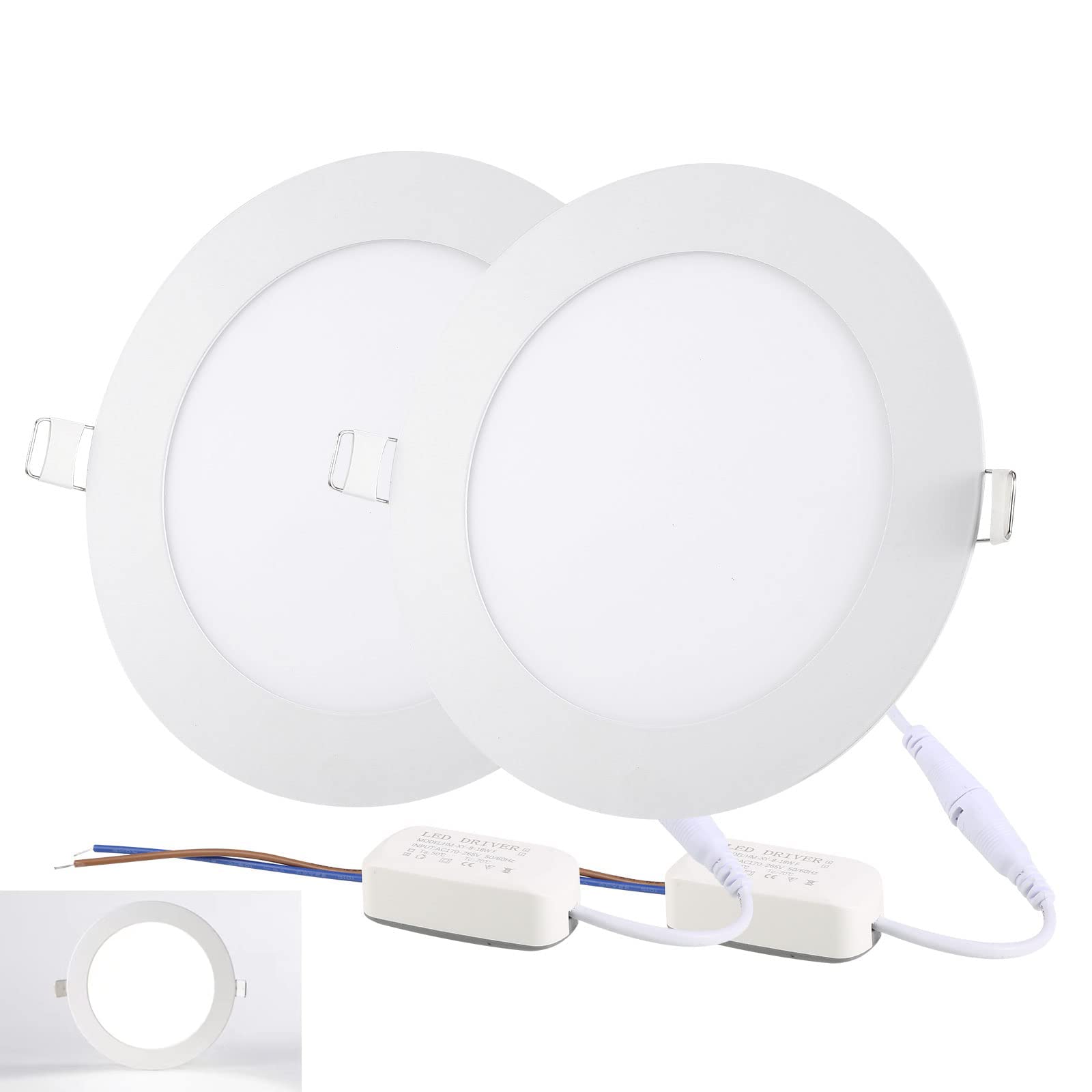 NRGDILY LED Recessed Ceiling Lights, 15W 1350lm Ultra Slim LED Downlights High Brightness Cool White 6500K, Round Spotlights for Kitchen, Living Room, 2 Pack