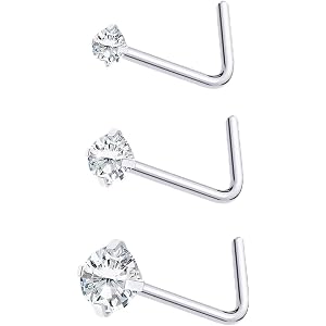 Pierstyles 3Pcs 20G Moissanite Nose Rings Studs D Color VVS1 Clarity, G23 Titanium L Shaped Corkscrew Silver Black Nose Rings