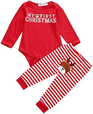 Xmas Infant Baby Boy Girl 2PCS Christmas Deer Striped Jumpsuit Costume Outfits (0-6 Months)