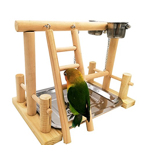 Borange Parrots Playstand Bird Playground Wood Perch Training Stand Cockatiel Playpen Ladders Birds Swing Wood Gym Tabletop with Feeder Cups Toys Exercise Play (Design A) - Thumbnail 2