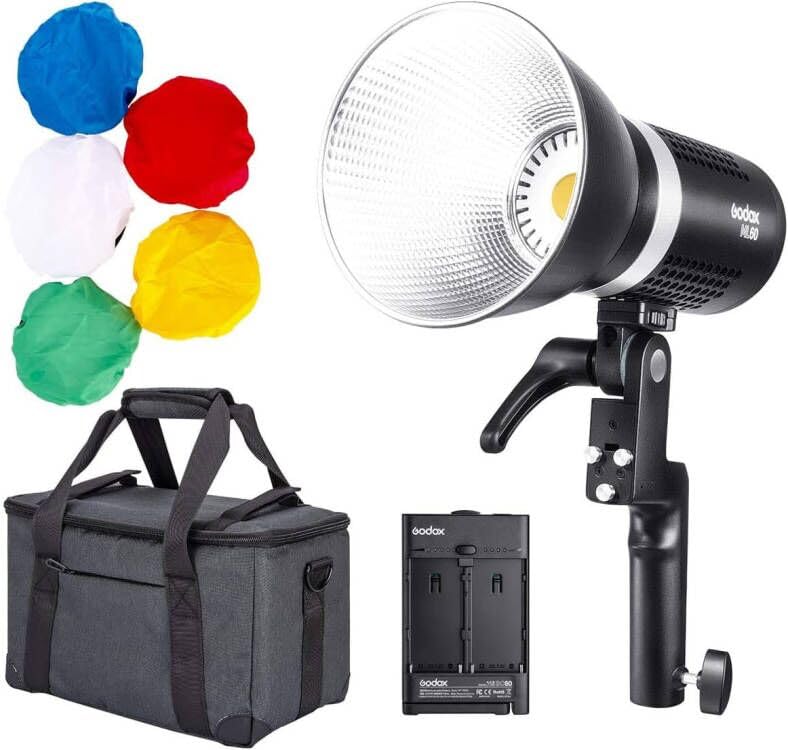 Godox ML60 Portable Handheld LED Light 60W, CT 5600K Daylight with Godox-Mount, Built-in 8 Scene Effects, Ultra Quiet Fan, Support NP-F970 Battery and AC Supply