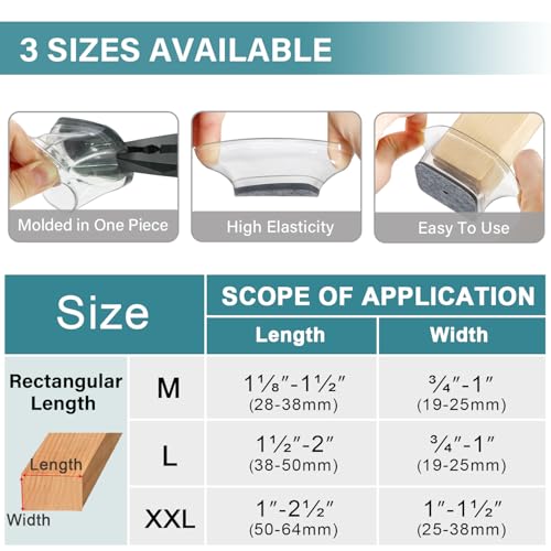 Chair Leg Caps Rectangular, Pack of 24 Chair Leg Protectors Silicone Transparent with Felt, Felt Gliders for Chairs, Protective Caps for Chair Legs for Hardwood Floors (Fit Length: 38-50mm, Width: 19-25mm)