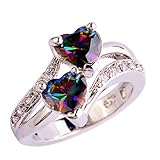 Emsione 925 Sterling Silver Plated Created Heart Rainbow&Topaz Womens Ring