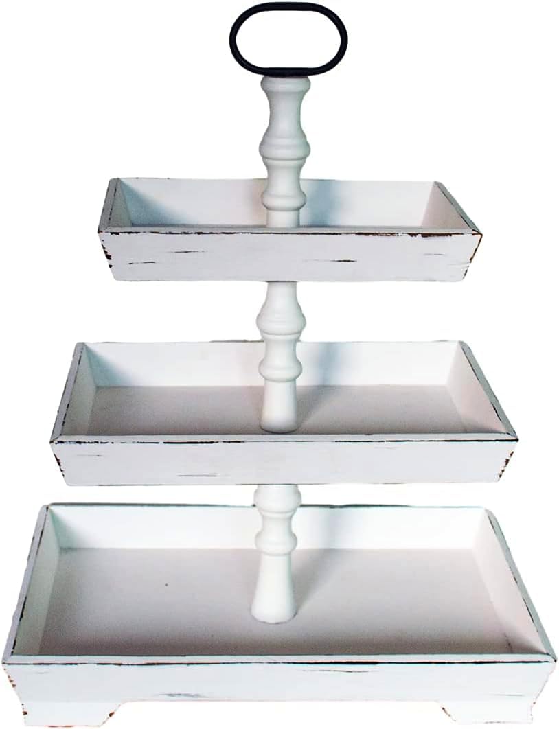 Photo 1 of Juleduo Large Rectangle Tiered Tray Stand 3 Tier Serving Tray Rustic Farmhouse Kitchen Decor with Metal Handle and Distressed Tiered Tray Stand Tiered Dessert Stand Cake Stand (White)
