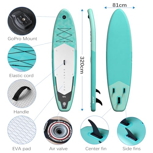Adult Inflatable Surfboard, 320 cm Inflatable Sup with Accessories: Paddle, Pump, Fish Fins *3, Load Capacity of 135 kg, Plus Sup Board for All Levels Surfers