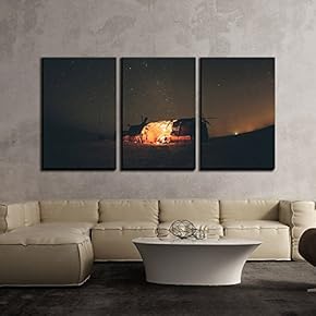 3 Piece Canvas Wall Art - Hut in The Wild Under Starry Night - Modern Home Art Stretched and Framed Ready to Hang - 16"x24"x3 Panels