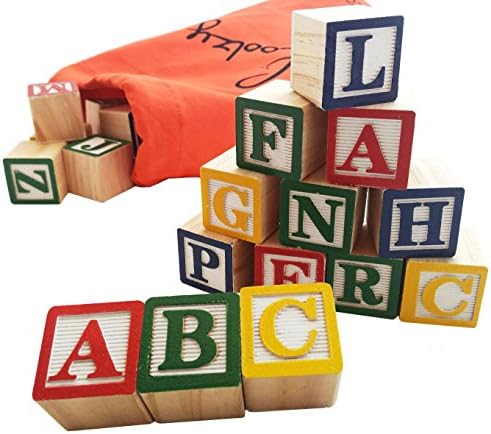Skoolzy 30 Alphabet Blocks with Letters Colors. Wooden ABC Toddler, Preschool & Kindergarten Building Toy. Wood Reading Stacking with Carrying Tote