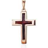 AMBERHOLL Rose Gold&ndash;Plated 925 Sterling Silver Baltic Amber Cross Pendant &mdash; 1.18 in Faith Charm for Women, Deep Red/Black Cherry Amber 0.71 &times; 0.43 in, Nickel-Free (Pendant Only)