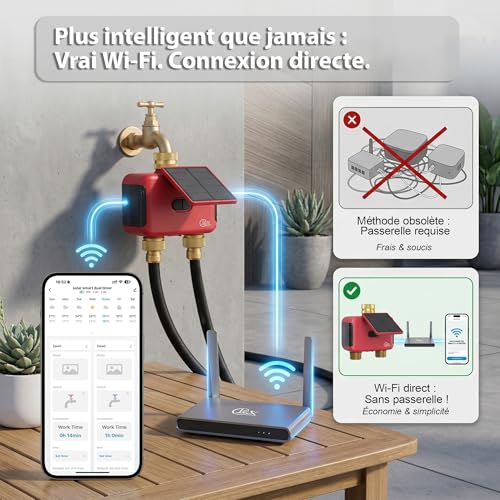 Programmateur d’arrosage WiFi 2 Zones, minuteur d’Eau Solaire Rechargeable à Double Sortie, raccords en Laiton, sans hub, app Smart Life, Compatible Alexa et Google Assistant