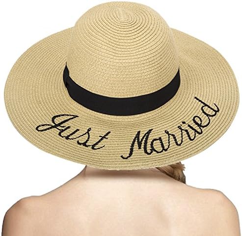 LONSANT Women's Paper Weaved Crushable Beach Embroidered Quote Adjustable Floppy Brim Sun Hat (Just Married)