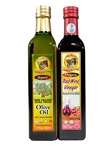 De La Rosa organic Extra Virgin Olive Oil & Red Wine Vinegar, 100% Pure, Raw & Unfiltered, Vegan, Kosher, Non-GMO & Gluten Free, Great for Salad Dressing, Marinades & More 16.9 Oz (Pack of 2)