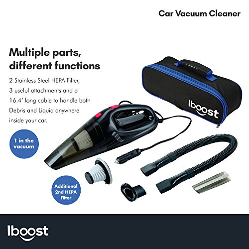 iBoost Handheld Portable Car Vacuum with Accessories, Storage Bag, and 2 Stainless Steel HEPA Filters