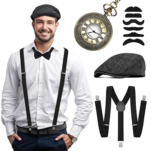 WEARXI 20er Jahre Kostüm Herren, Karneval Kostüm karnevalskostüm Herren mit Hosenträger Hut Krawatte Taschenuhr Kunstbart Gläser, Mafia 20er Jahre Accessoires Fasching Anzug Kleidung für Partys