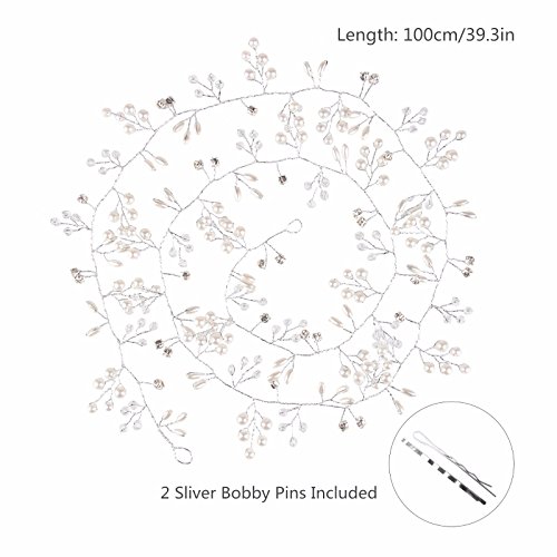 Beauty7 Silver Wedding Bridal Vine Wreath Headband Halo Wired Decorative Accessories Crystal Rhinestone Simulated Pearl Bride Bridesmaid Flowergirl Women Girl Long Hair with 2 Bobby Pins Set 39.4" - Thumbnail 2