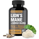 NooMost Lions Mane Supplement Organic Capsules - With Ginkgo Biloba - Cognitive Health, Focus & Memory Support - Natural Superfood for Brain, Energy & Immune Health - Non GMO- 60 Caps - 2 Month Supply